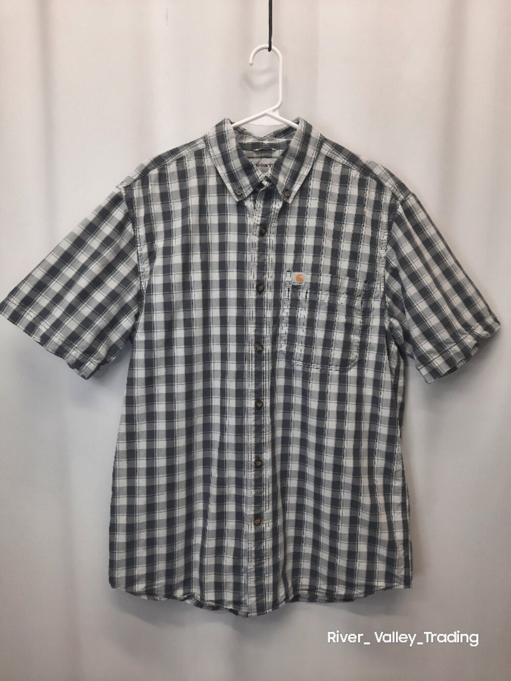 Carhartt Mens M Plaid Button Up Pocket Shirt Gray Blue White Casual Short Sleeve